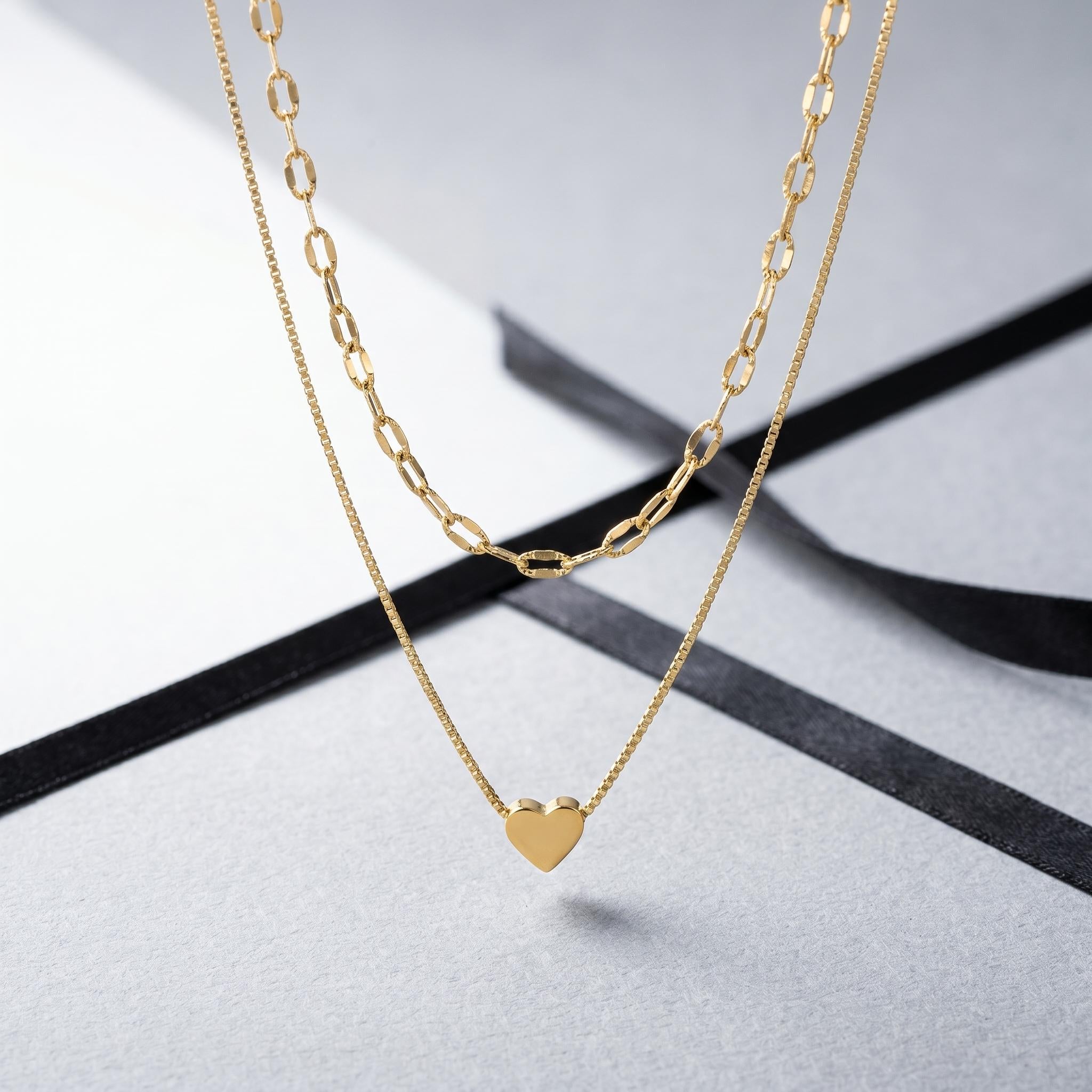 Colar Duplo Elo e Pingente Coração - Banhado a Ouro 18k (6 meses de garantia)