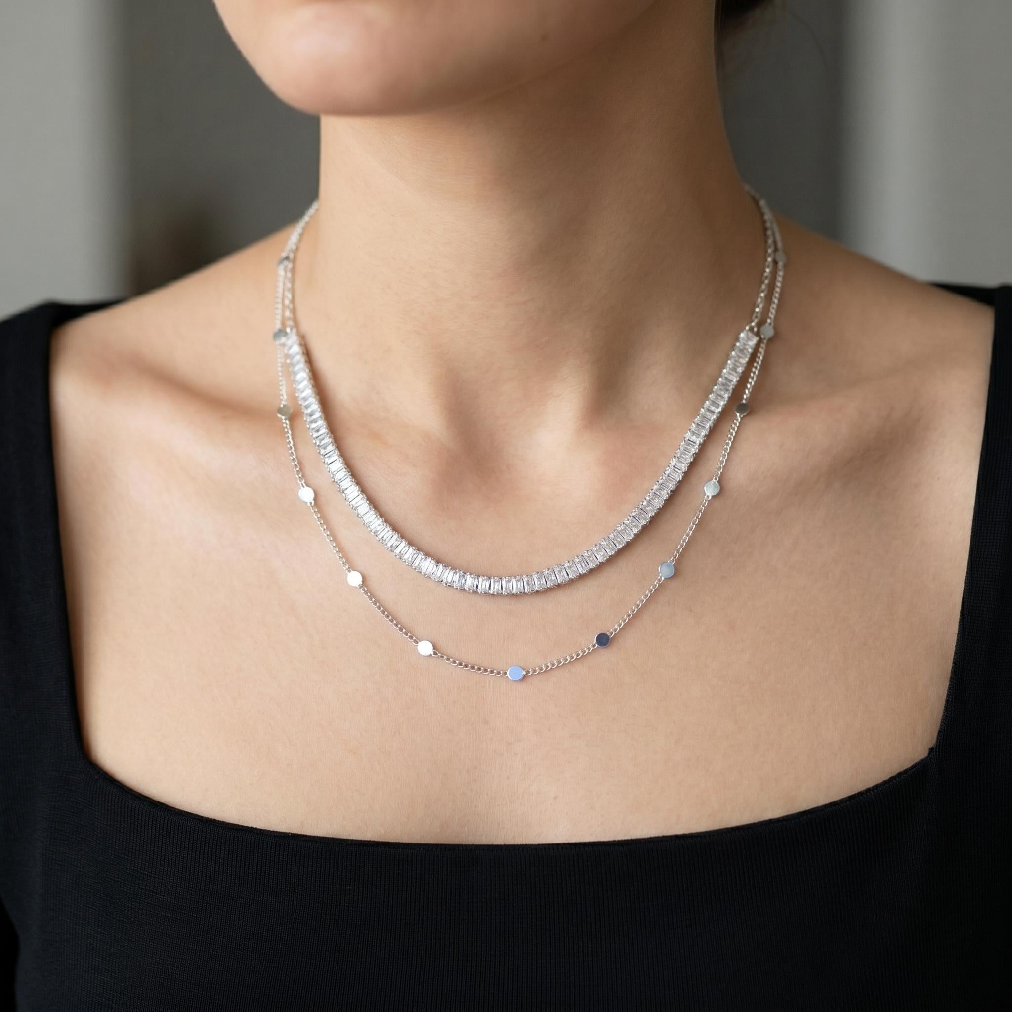 Colar Duplo Riviera e Colar Moedinhas Minimalista Banhada a Prata 925